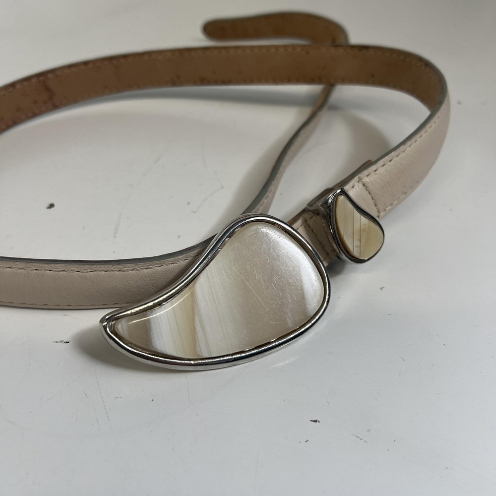 Castelbajac Belt Womens Medium Beige Leather Skinny Abstract Buckle‎ Fashion